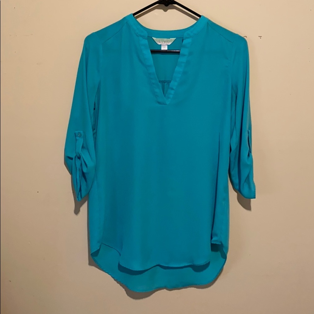 Turquoise Boho Blouse 3/4 Tie Sleeve Split V-Neck Flowy Top